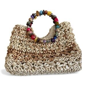 Capelli Strawworld Woven Beige Purse with Bohemian Beaded Handle, Island Living.